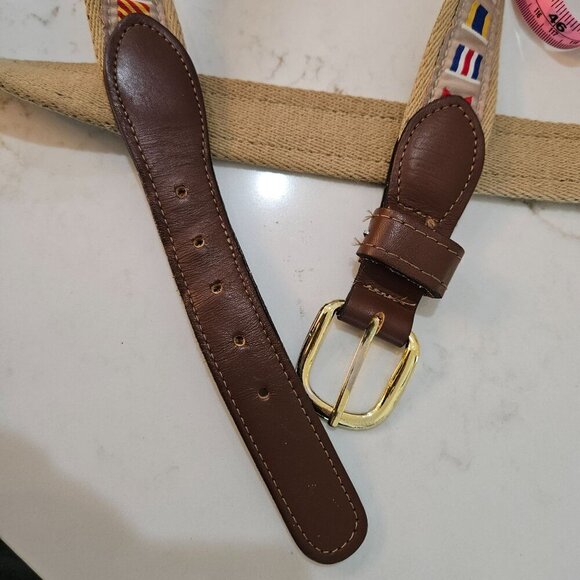 Nautical Flag Pattern Fabric Belt  Leather Accents Gold Buckle 45" - 48" - Picture 2 of 4